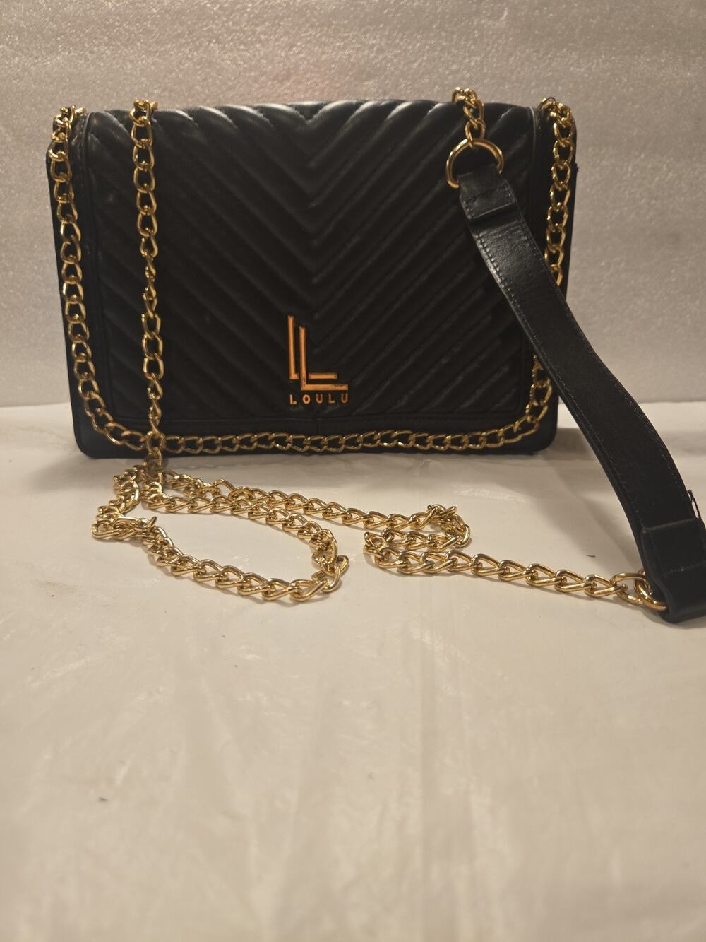 Loulu Black Chevron Quilted Purse Gold Chain Strap Women's Handbag Chain Accents